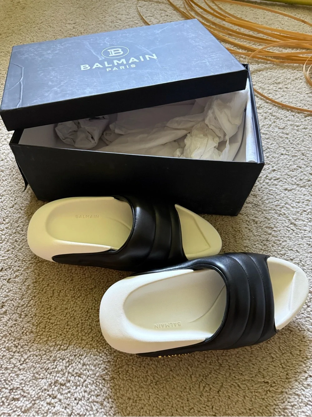 Balmain Black Leather Slides with White Sole and Gold Logo
